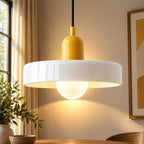 Coloured Glass Bauhaus Pendant Light in White glass with a Yellow fitting and bold geometric Bauhaus styling.