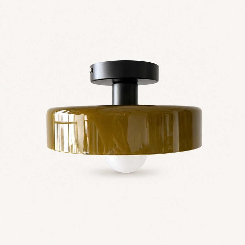 Coloured Glass Bauhaus Semi-Flush Ceiling Light shown in Army Green glass and Black fitting, highlighting the compact design and finish.