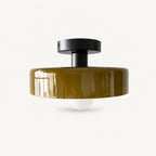 Coloured Glass Bauhaus Semi-Flush Ceiling Light shown in Army Green glass and Black fitting, highlighting the compact design and finish.
