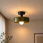 Coloured Glass Bauhaus Semi-Flush Ceiling Light in Army Green glass with a Black fitting and bold geometric Bauhaus styling.