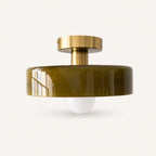 Coloured Glass Bauhaus Semi-Flush Ceiling Light shown in Army Green glass and Gold fitting, highlighting the compact design and finish.