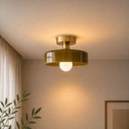 Coloured Glass Bauhaus Semi-Flush Ceiling Light in Army Green glass with a Gold fitting and bold geometric Bauhaus styling.