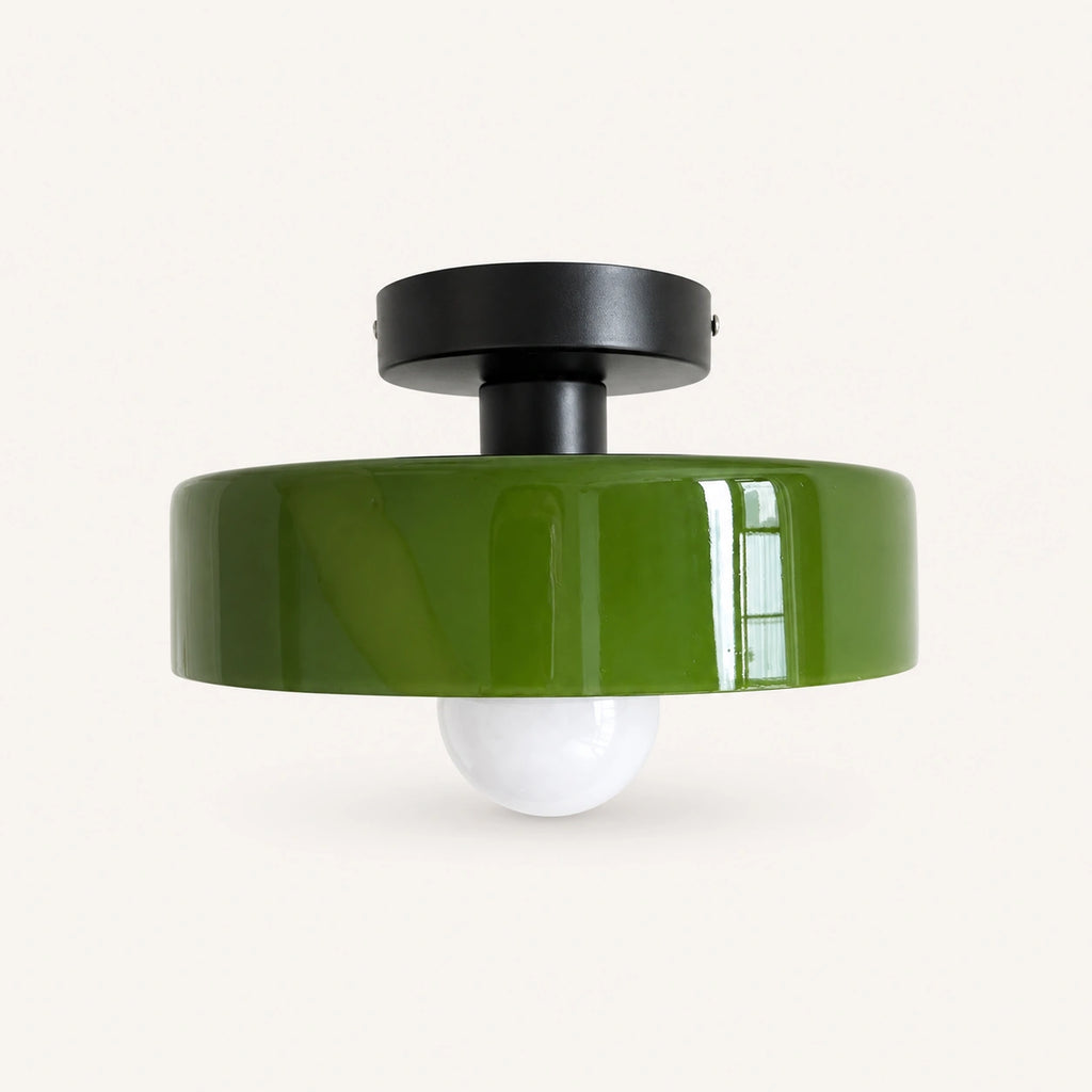 Coloured Glass Bauhaus Semi-Flush Ceiling Light shown in Green glass and Black fitting, highlighting the compact design and finish.