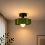 Coloured Glass Bauhaus Semi-Flush Ceiling Light in Green glass with a Black fitting and bold geometric Bauhaus styling.