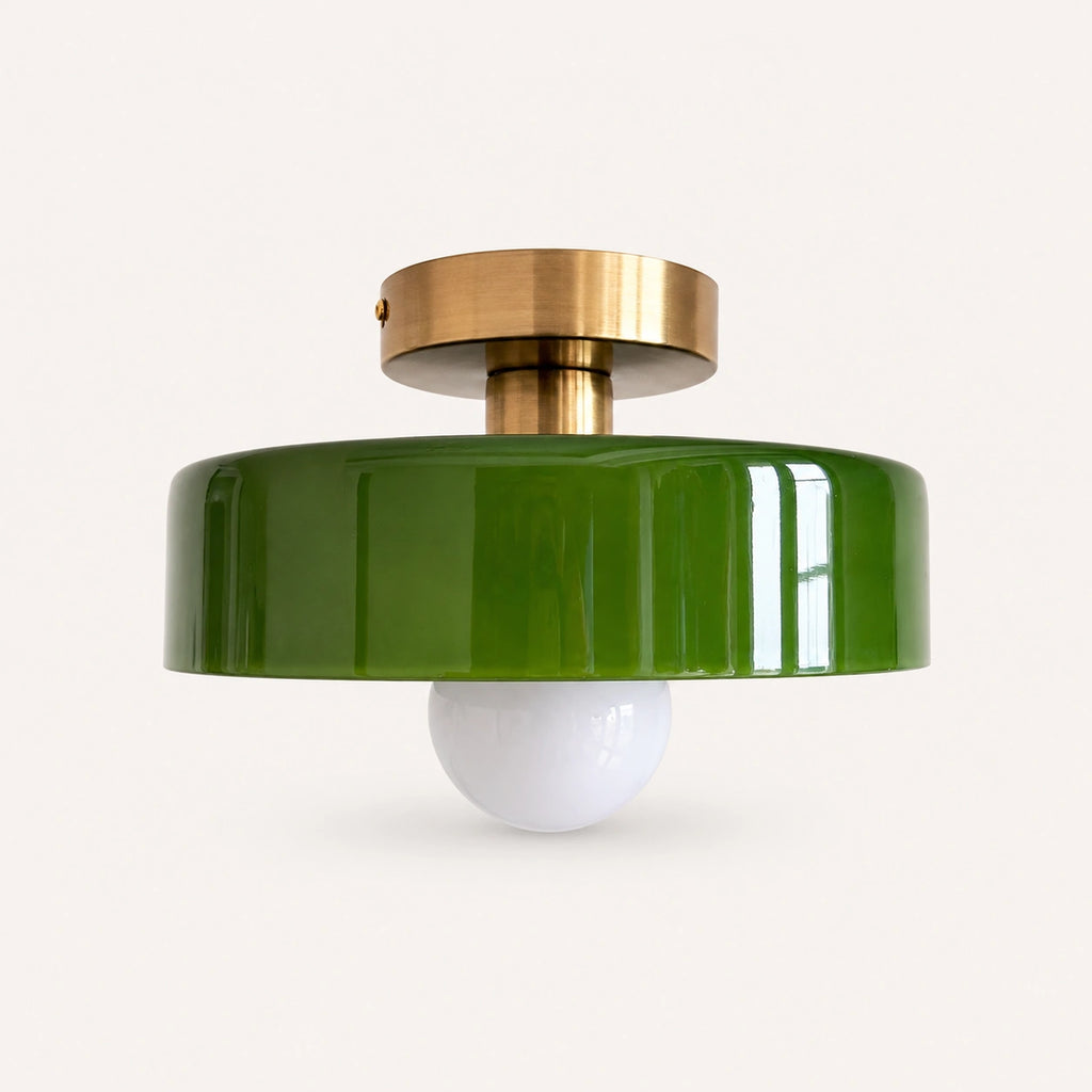 Coloured Glass Bauhaus Semi-Flush Ceiling Light shown in Green glass and Gold fitting, highlighting the compact design and finish.