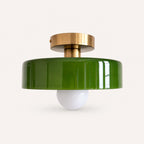 Coloured Glass Bauhaus Semi-Flush Ceiling Light shown in Green glass and Gold fitting, highlighting the compact design and finish.