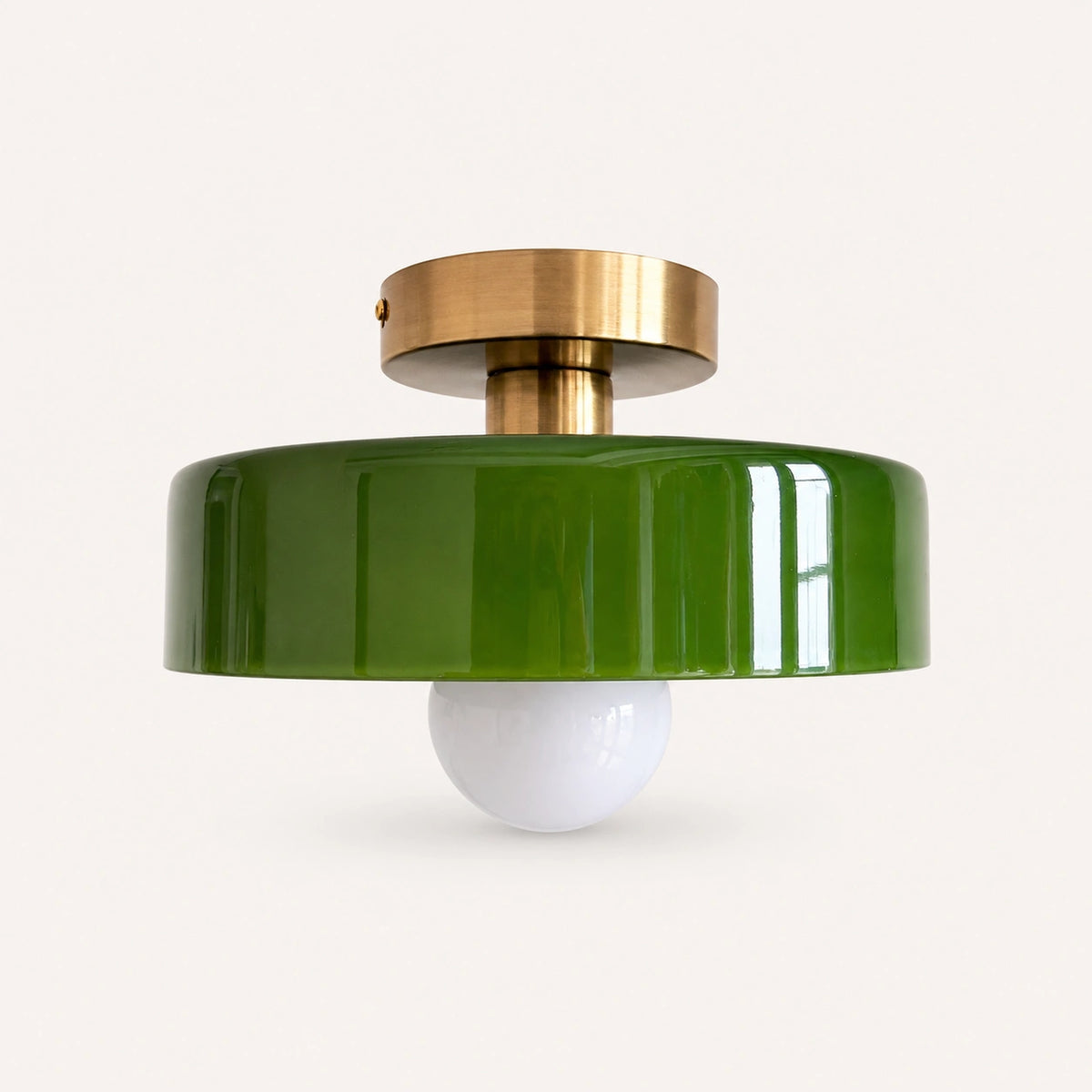Coloured Glass Bauhaus Semi-Flush Ceiling Light shown in Green glass and Gold fitting, highlighting the compact design and finish.