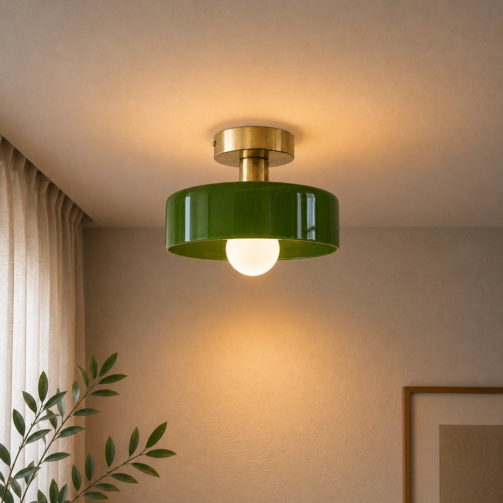 Coloured Glass Bauhaus Semi-Flush Ceiling Light in Green glass with a Gold fitting and bold geometric Bauhaus styling.