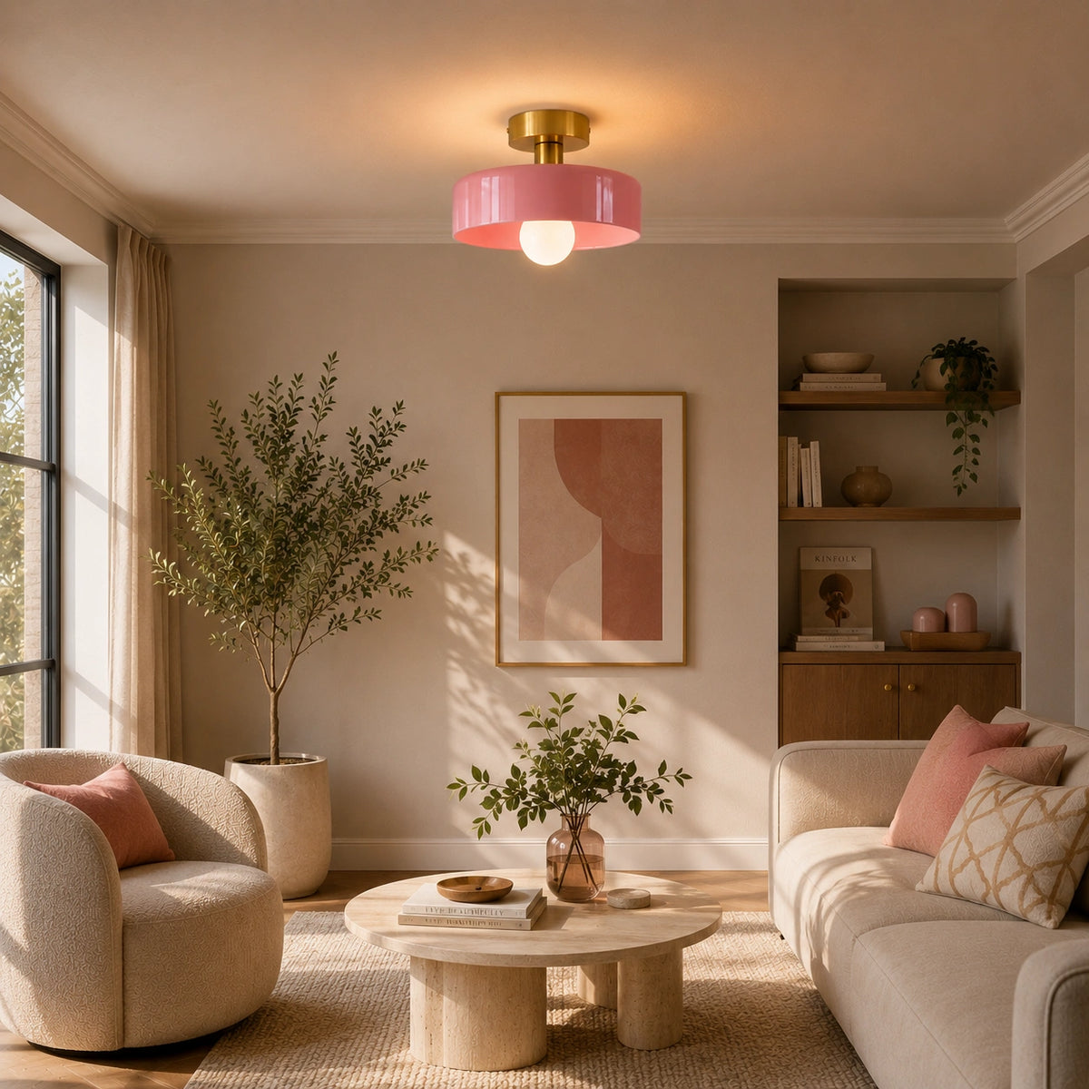 Coloured Glass Bauhaus Semi-Flush Ceiling Light in Pink glass and Gold fitting installed above furniture in a living room setting.