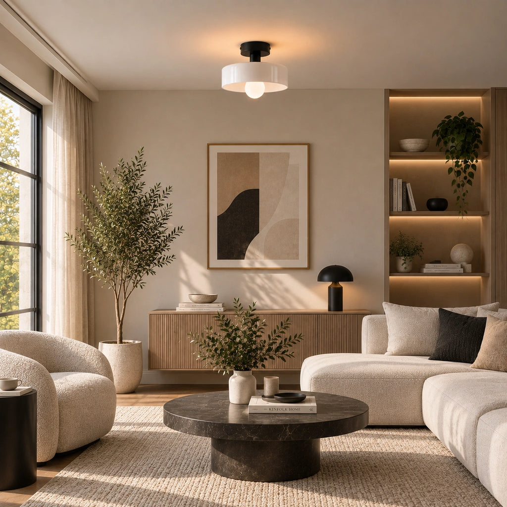 Coloured Glass Bauhaus Semi-Flush Ceiling Light in White glass and Black fitting installed above furniture in a living room setting.