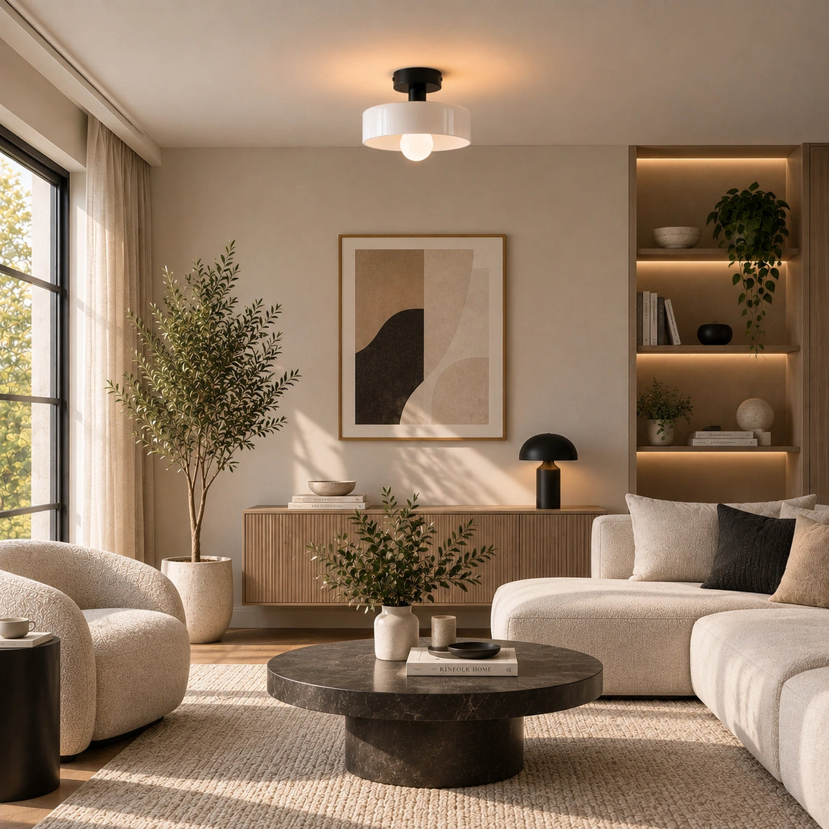 Coloured Glass Bauhaus Semi-Flush Ceiling Light in White glass and Black fitting installed above furniture in a living room setting.