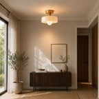 Coloured Glass Bauhaus Semi-Flush Ceiling Light in White glass and Gold fitting installed above furniture, alternate lifestyle view.