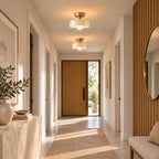 Coloured Glass Bauhaus Semi-Flush Ceiling Light in White glass and Gold fitting installed above furniture in a hallway setting.