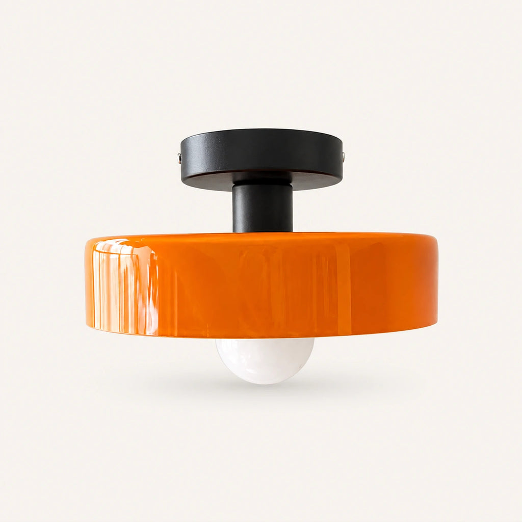 Coloured Glass Bauhaus Semi-Flush Ceiling Light shown in Orange glass and Black fitting, highlighting the compact design and finish.
