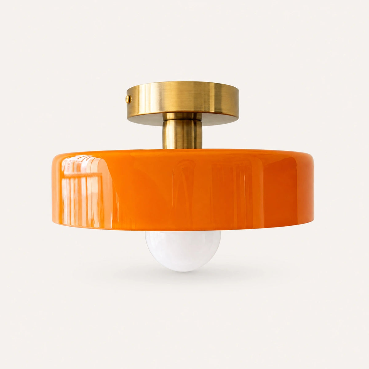 Coloured Glass Bauhaus Semi-Flush Ceiling Light shown in Orange glass and Gold fitting, highlighting the compact design and finish.