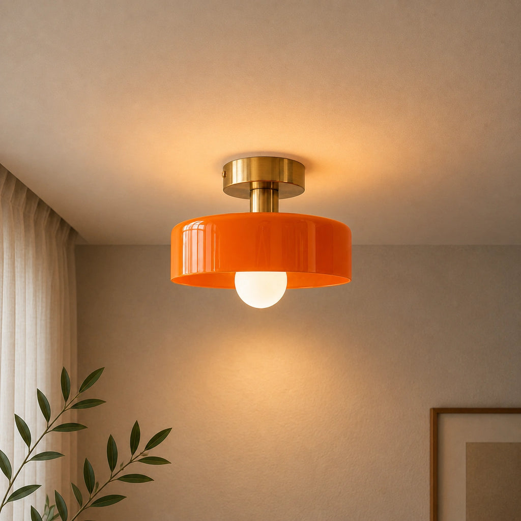 Coloured Glass Bauhaus Semi-Flush Ceiling Light in Orange glass with a Gold fitting and bold geometric Bauhaus styling.