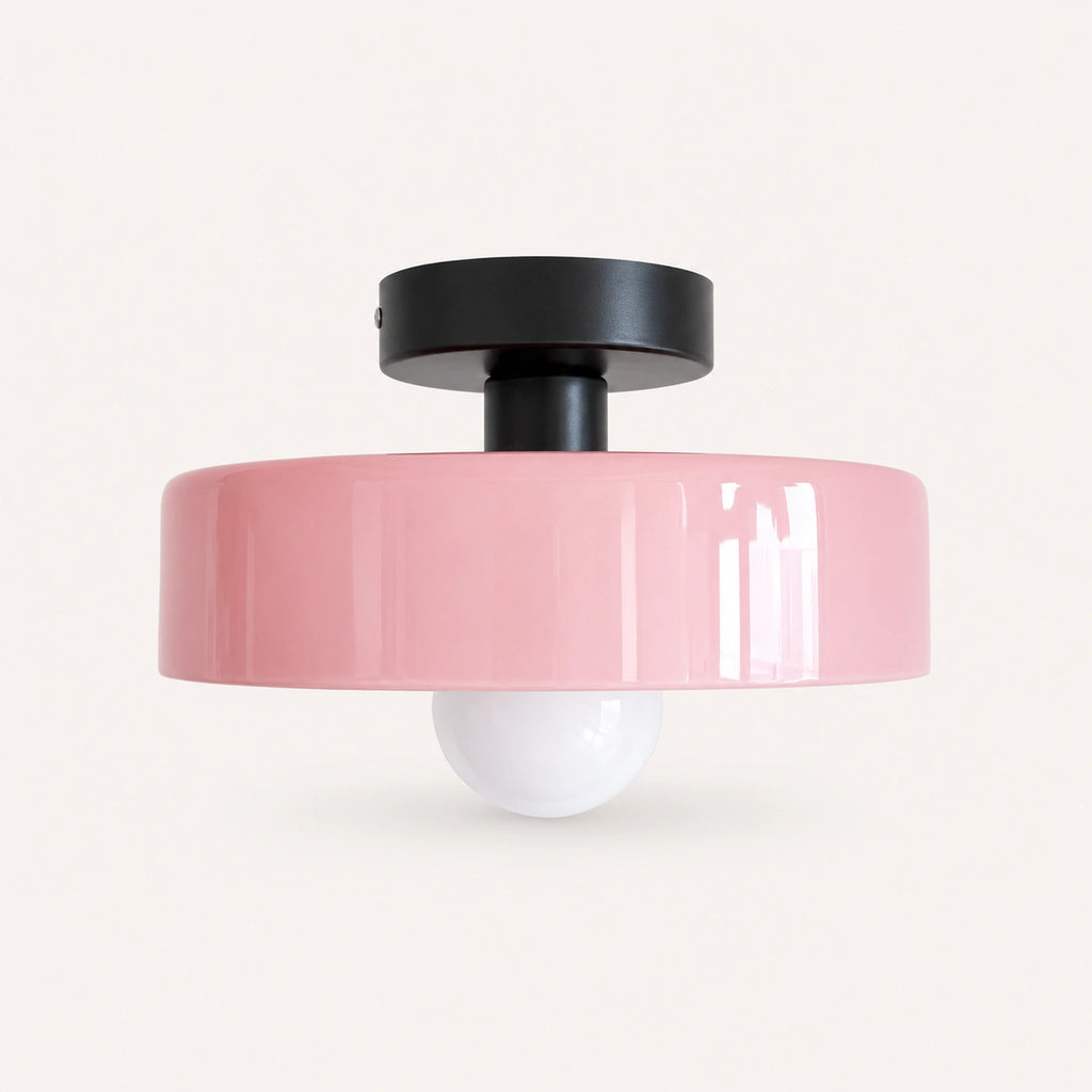 Coloured Glass Bauhaus Semi-Flush Ceiling Light shown in Pink glass and Black fitting, highlighting the compact design and finish.