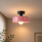 Coloured Glass Bauhaus Semi-Flush Ceiling Light in Pink glass with a Black fitting and bold geometric Bauhaus styling.