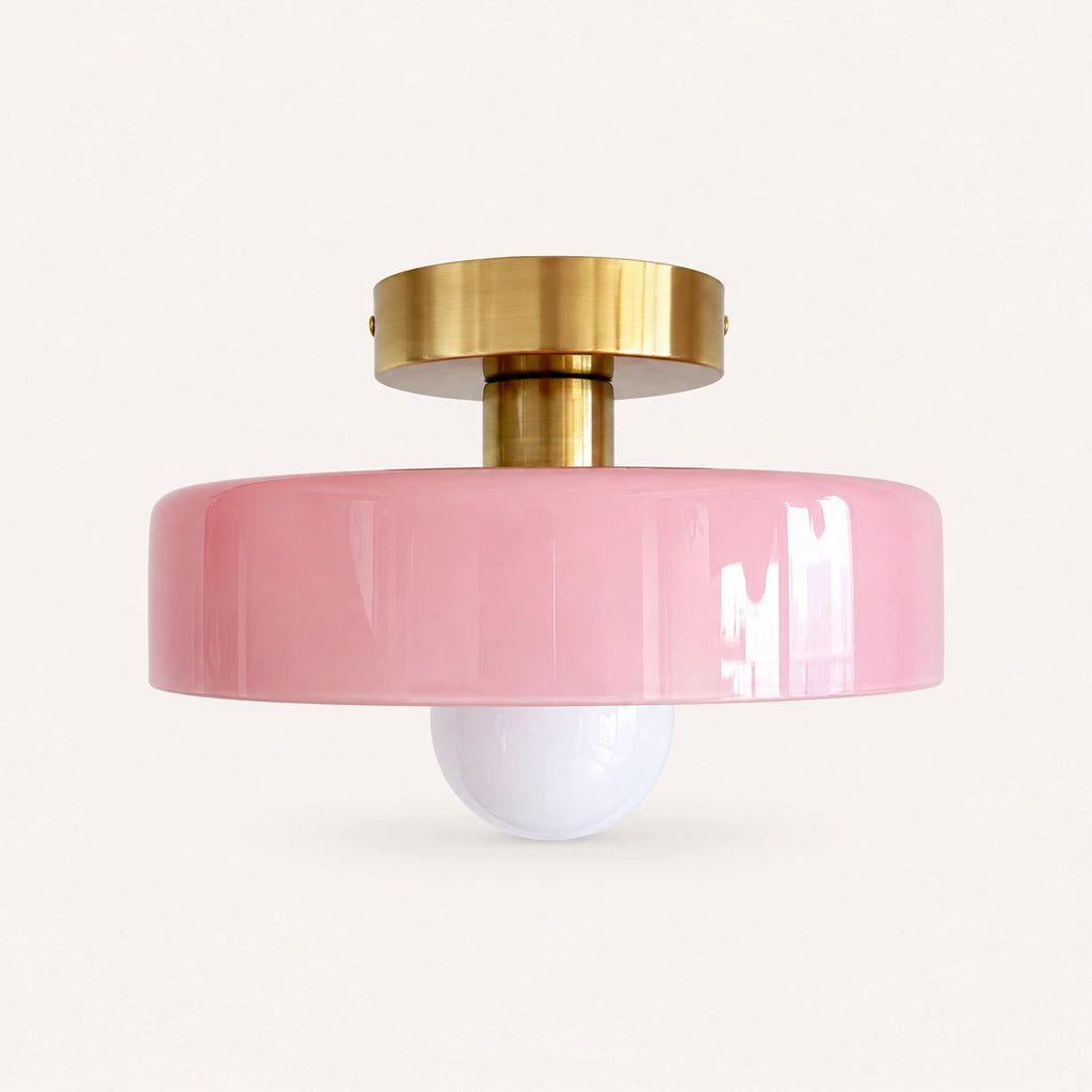 Coloured Glass Bauhaus Semi-Flush Ceiling Light shown in Pink glass and Gold fitting, highlighting the compact design and finish.
