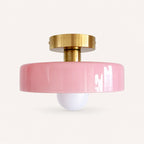 Coloured Glass Bauhaus Semi-Flush Ceiling Light shown in Pink glass and Gold fitting, highlighting the compact design and finish.