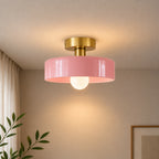 Coloured Glass Bauhaus Semi-Flush Ceiling Light in Pink glass with a Gold fitting and bold geometric Bauhaus styling.
