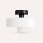Coloured Glass Bauhaus Semi-Flush Ceiling Light shown in White glass and Black fitting, highlighting the compact design and finish.