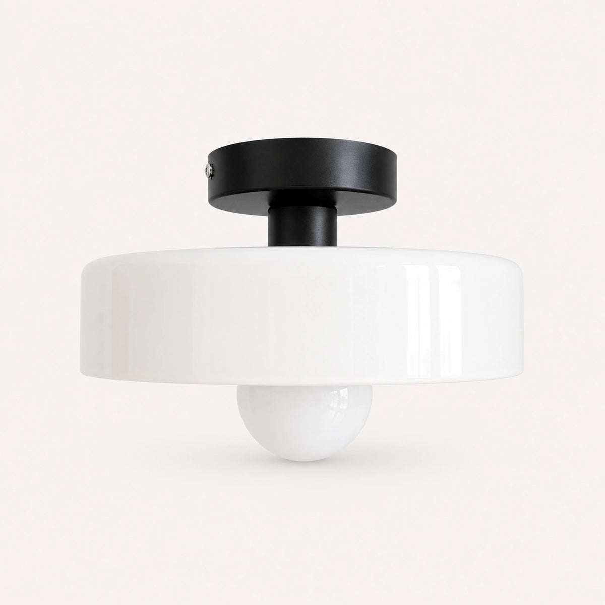Coloured Glass Bauhaus Semi-Flush Ceiling Light shown in White glass and Black fitting, highlighting the compact design and finish.