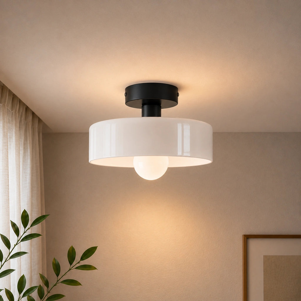 Coloured Glass Bauhaus Semi-Flush Ceiling Light in White glass with a Black fitting and bold geometric Bauhaus styling.