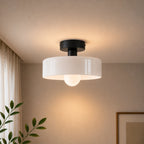 Coloured Glass Bauhaus Semi-Flush Ceiling Light in White glass with a Black fitting and bold geometric Bauhaus styling.