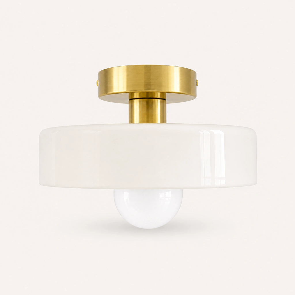 Coloured Glass Bauhaus Semi-Flush Ceiling Light shown in White glass and Gold fitting, highlighting the compact design and finish.