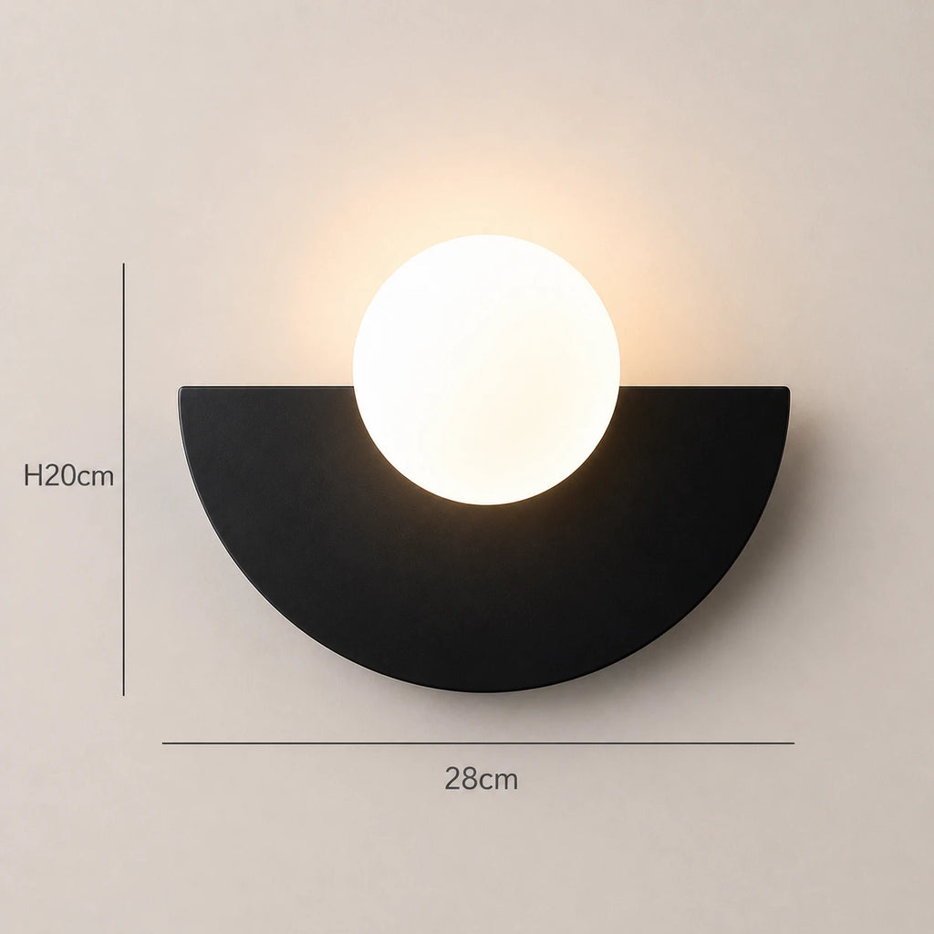 Colourful Glass Globe Nordic Wall Light large size 28cm wide by 20cm tall dimension diagram