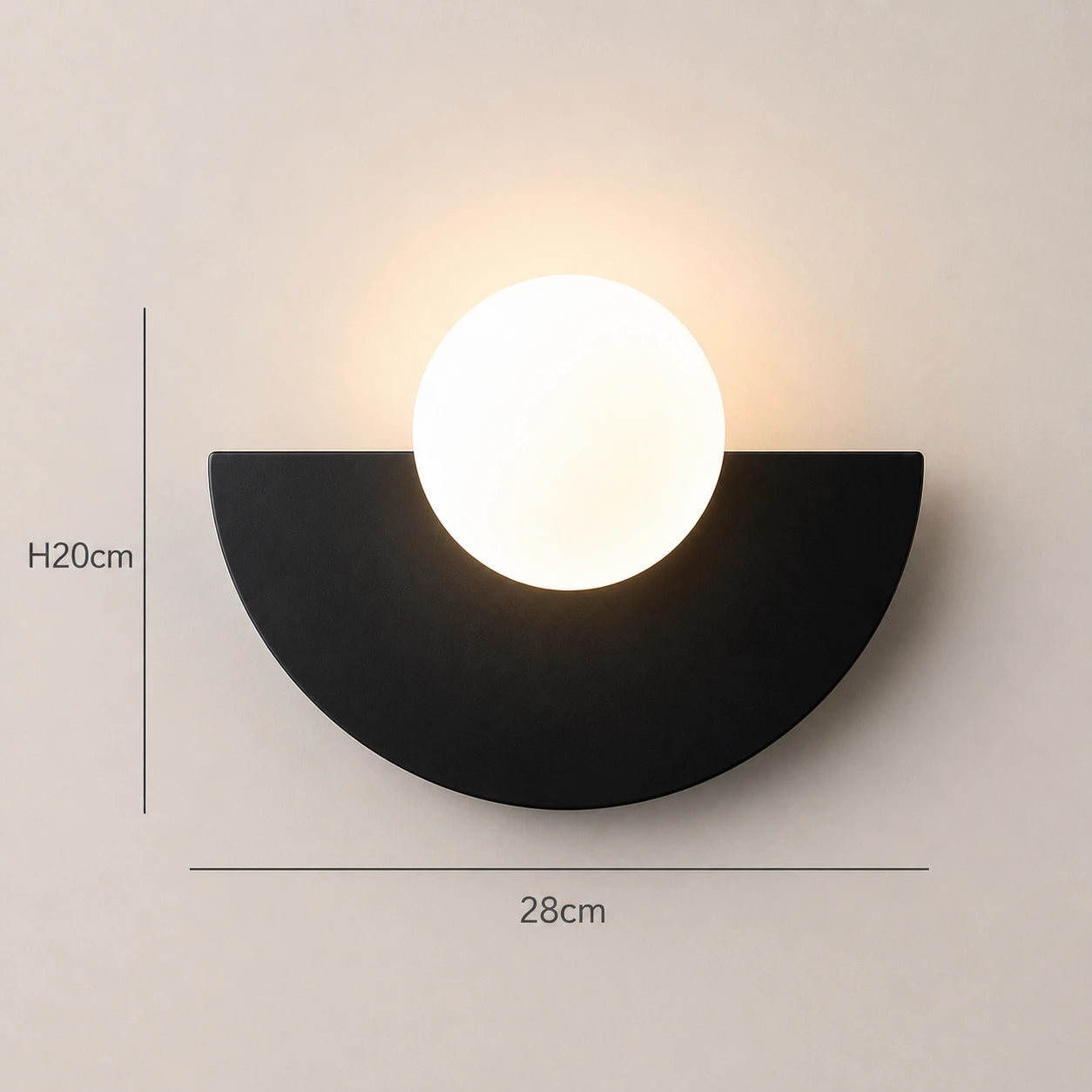 Colourful Glass Globe Nordic Wall Light large size 28cm wide by 20cm tall dimension diagram