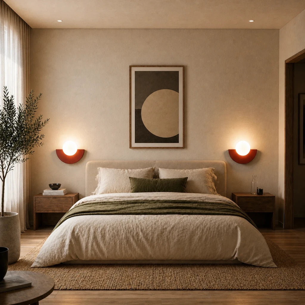 Colourful Glass Globe Nordic Wall Light lifestyle in bedroom, red variant