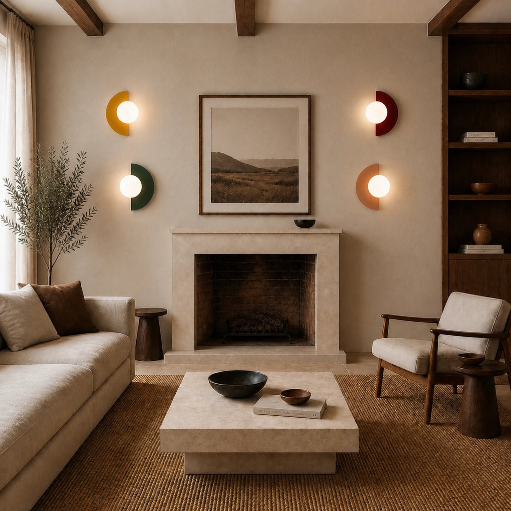 Four Colourful Glass Globe Nordic Wall Lights in different colours displayed around a stone fireplace in a Nordic living room