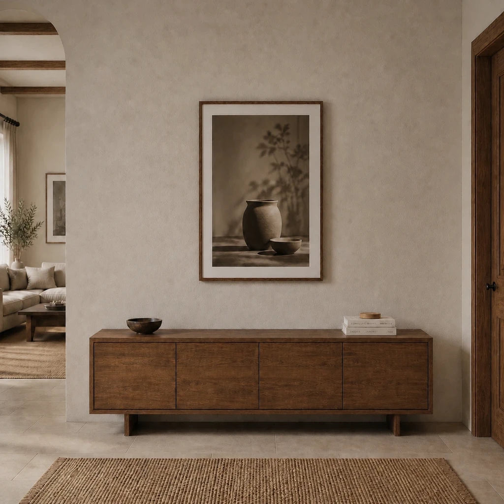 Minimalist hallway with walnut console and sepia still-life artwork before installing the colourful glass globe Nordic wall light