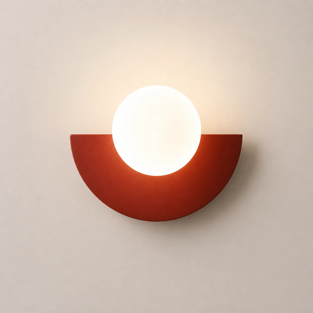 Colourful Glass Globe Nordic Wall Light in terracotta red finish with frosted white glass globe shade