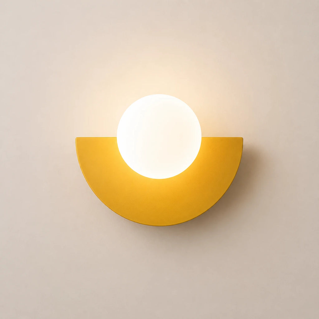 Colourful Glass Globe Nordic Wall Light in mustard yellow finish with frosted white glass globe shade
