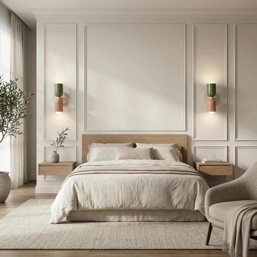Colourful Nordic Indoor Up & Down Wall Light lifestyle as bedside lights in bedroom in green and pink
