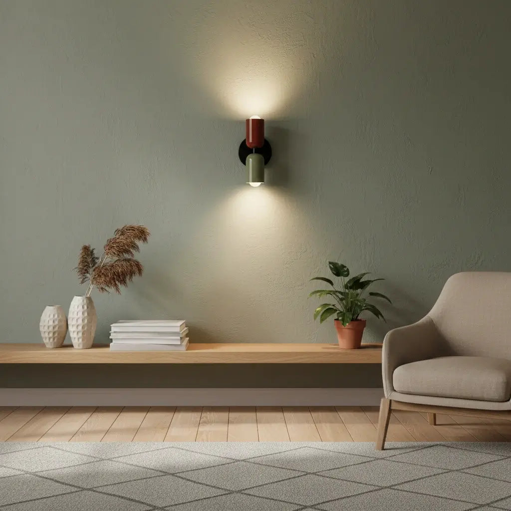 Nordic metal wall light with red and green cylindrical shades mounted on a sage green wall, casting a warm ambient glow up and down in a modern living room