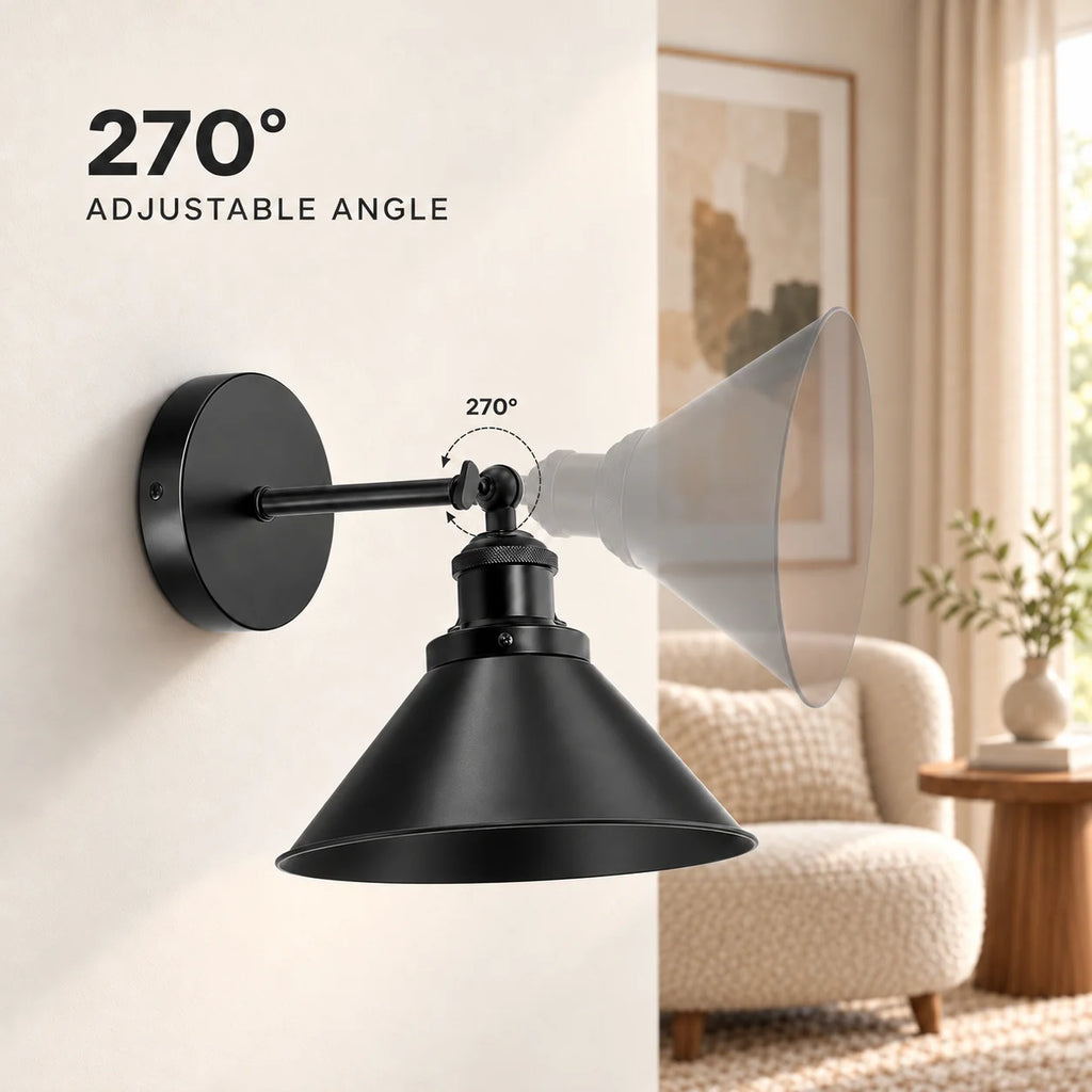 Cone arm industrial wireless wall sconce featuring a 270-degree adjustable swing arm that redirects the cone shade's light beam.