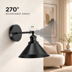 Cone arm industrial wireless wall sconce featuring a 270-degree adjustable swing arm that redirects the cone shade's light beam.