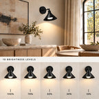 Cone arm industrial wireless wall sconce with adjustable brightness from 10 to 100 percent for flexible ambient lighting control.