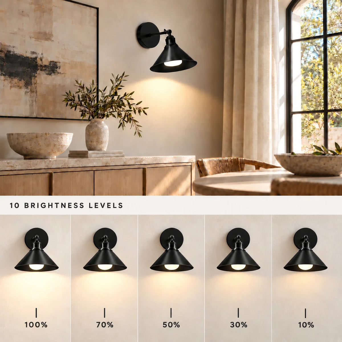 Cone arm industrial wireless wall sconce with adjustable brightness from 10 to 100 percent for flexible ambient lighting control.