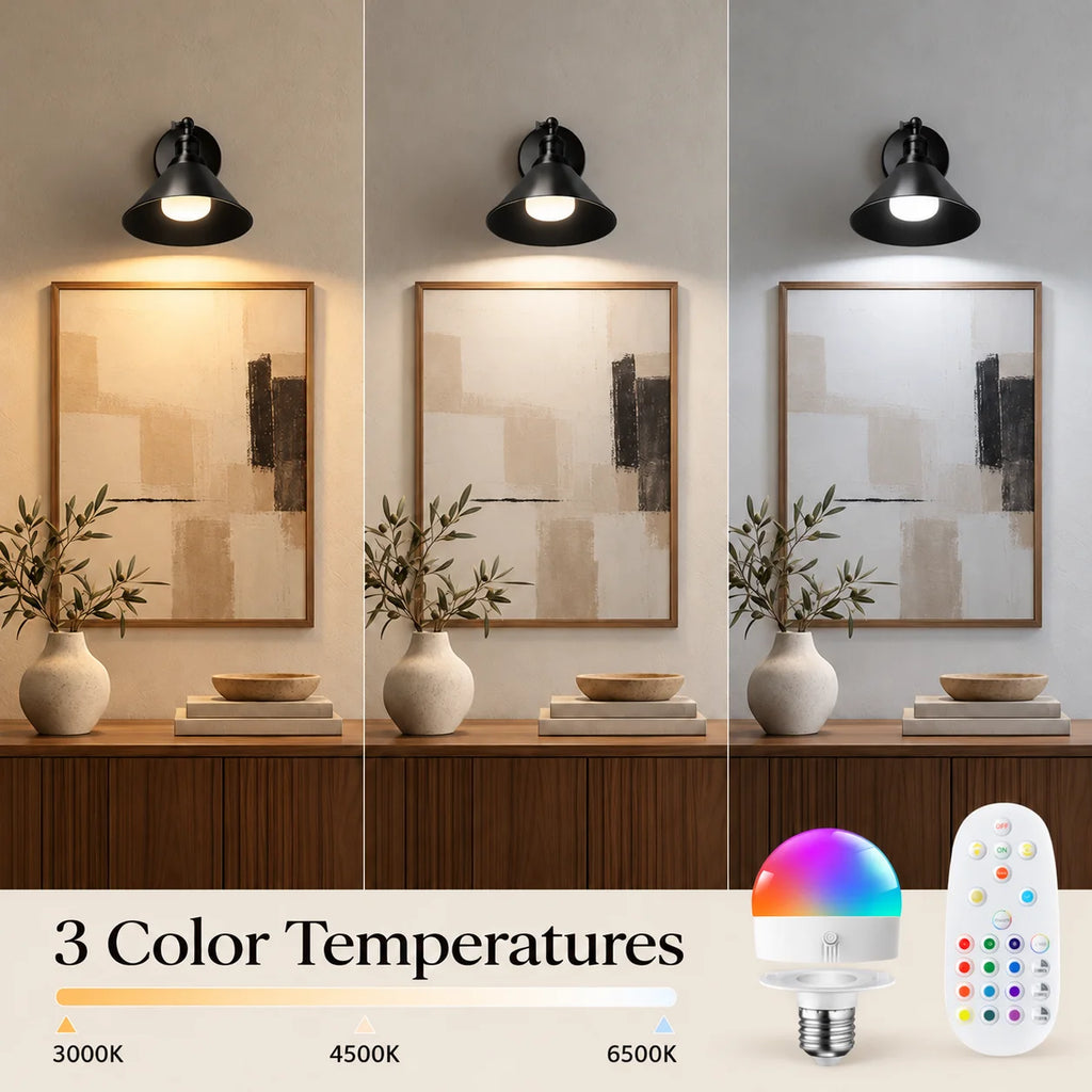 Cone arm industrial wireless wall sconce offering warm white, neutral white, and cool white colour temperatures via remote control.