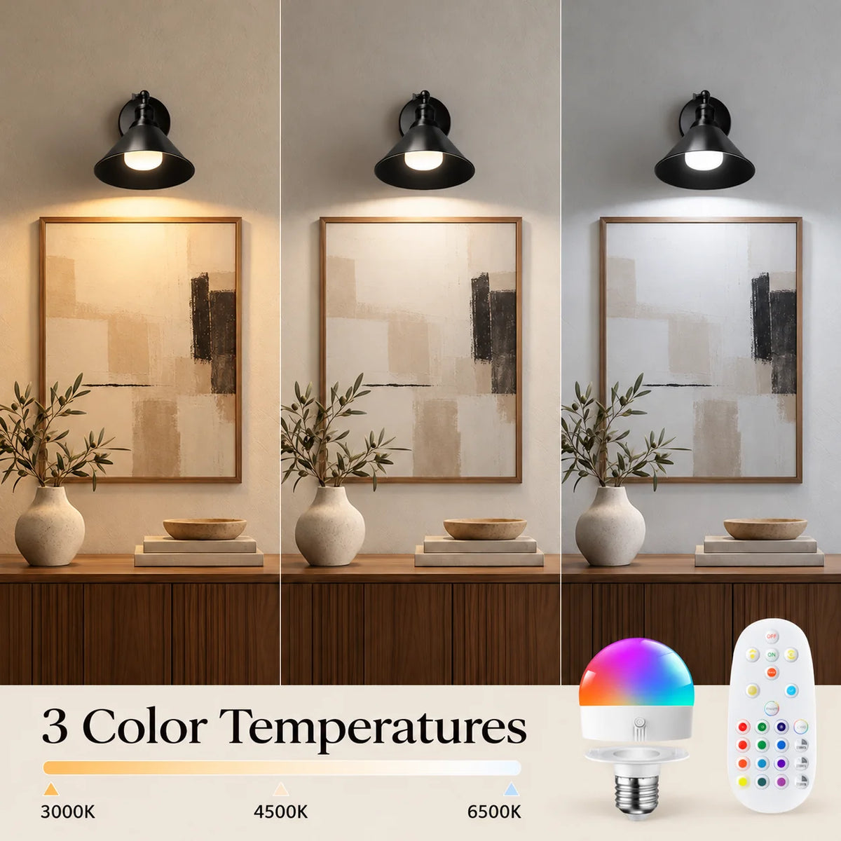 Cone arm industrial wireless wall sconce offering warm white, neutral white, and cool white colour temperatures via remote control.
