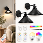 Set of two black cone arm industrial wireless wall sconces included with RGB bulbs, remote controls, and USB-C charging cables.