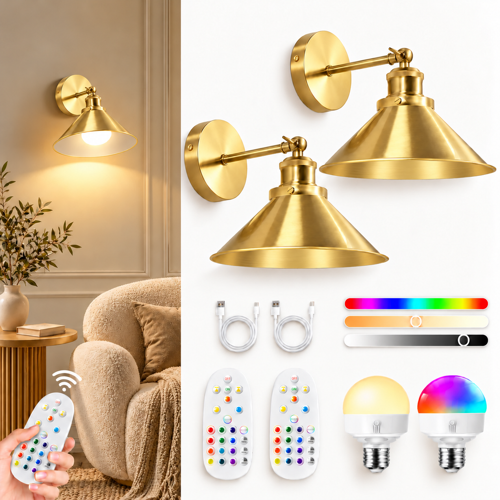 Set of two gold cone arm industrial wireless wall sconces included with RGB bulbs, remote controls, and USB-C charging cables.