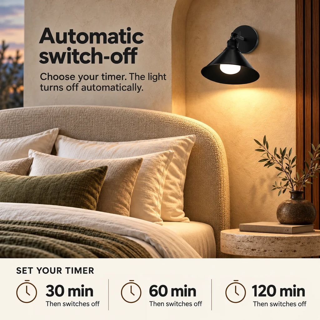 Cone arm industrial wireless wall sconce with built-in timer settings of 15, 30, or 60 minutes for automatic shut-off.