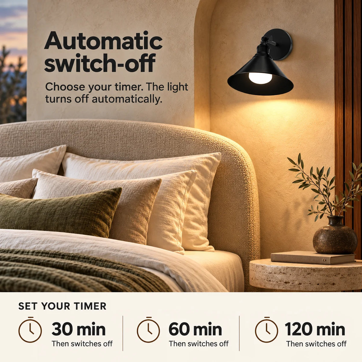 Cone arm industrial wireless wall sconce with built-in timer settings of 15, 30, or 60 minutes for automatic shut-off.