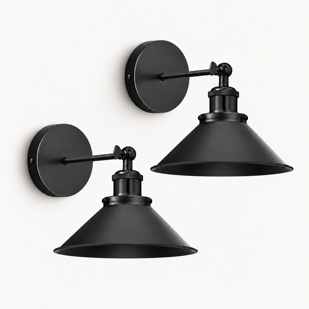 Black cone arm industrial wireless wall sconce in its matte black finish with an adjustable 270-degree swing arm included.